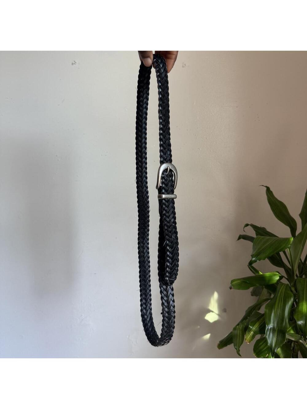 Black braided leather belt with silver buckle fits L-XL